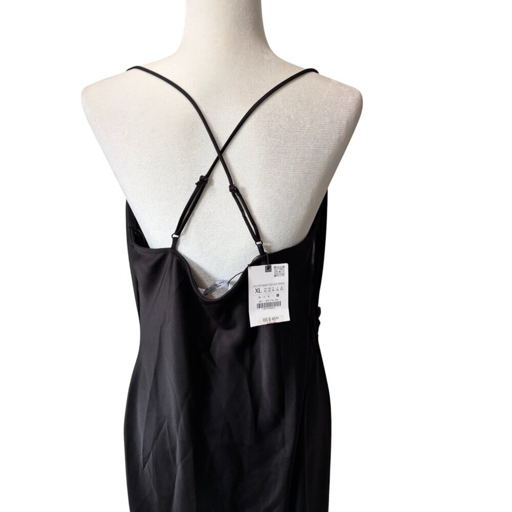 NWT Zara Black Satin Effect Draped Midi Dress XL - Picture 4 of 5